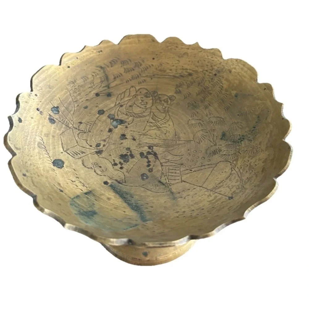 Vintage Solid Brass Compote With Etching 5 5/8